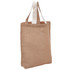 A reusable grocery bag in a natural brown colour with white handles. The bag has a simple design and a fabric texture.