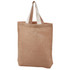 A brown reusable grocery bag with white handles, featuring a logo on the front.
