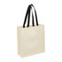 A cream canvas tote bag with black handles and a gusset for added space, featuring a logo.