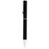 A sleek black metal ballpoint pen with chrome accents and a clip, featuring a logo on the barrel.