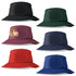 A collection of Poly Viscose Bucket Hats in black, green, burgundy, navy, red, and an embroidered design on one hat.