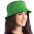 A green bucket hat with a wide brim, featuring ventilation eyelets and a branded logo.