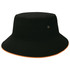 A black bucket hat with an orange trim, featuring eyelets and a logo.