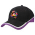 A black and purple cap featuring a multicoloured graphic design on the front and a logo.