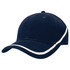 A navy cap with a white trim and a curved brim, featuring a logo on the front.
