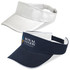 Two visors in white and navy, featuring a logo on the navy visor. Suitable for headwear.