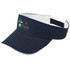 A dark navy visor headwear featuring a logo and decorative design on the front.
