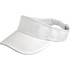 A white visor featuring a curved brim and an adjustable strap, also displaying a logo.