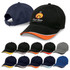 A collection of caps in various colours with contrasting brims, featuring a logo on the front of one cap.