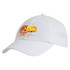 A white cap with a mesh design featuring a lion graphic and branding.