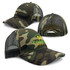 A camo trucker cap featuring a green logo, with a mesh back and a camouflaged pattern in shades of green and brown.