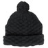 A black knitted beanie with a large pom-pom on top and a textured pattern. Features a fold-over cuff.