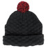 A black textured beanie with a red pom pom on top. It features a folded brim and has a branding logo.