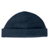A navy polar fleece beanie with a folded brim and a seamless design. It features a logo on the side.