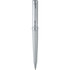 A sleek silver ballpoint pen with a spiral design and a shiny finish, featuring a branding logo.