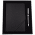 A black notebook with a textured finish and a silver pen, presented in a stylish gift box.