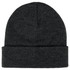 A dark grey knitted beanie featuring a rolled cuff and a small logo.