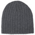 A grey cable knit beanie featuring a textured design and a logo. Suitable for headwear.
