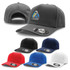 A collection of A-Frame caps in grey, black, red, blue, and white, featuring a logo on the front.