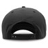 A black cap with an adjustable strap at the back, featuring a logo.