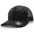 A black camo trucker cap with mesh sides and a branded tag on the front.