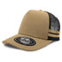 A khaki and black striped trucker cap featuring a mesh back and a circular logo on the front.