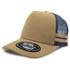 A tan and blue striped trucker cap with a logo on the front. The cap features mesh panels for ventilation.