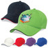 A collection of six caps in various colours, featuring a cap with a green front and one with a black front, both with a logo.