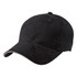 A black cap with a rounded peak and a subtle under-brim detail. It has a branding logo on it.