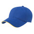 A blue cap with a soft sandwich peak and yellow trim, featuring a logo on the front.