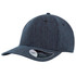 A cap in a textured dark blue fabric with a curved brim and a logo on the side.