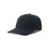 A black cap made from recycled polyester, featuring a structured design and a curved peak. It has a logo.