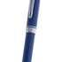 A blue metal ballpoint pen with a silver band and a clip, featuring a logo on the band.