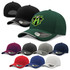 A collection of caps in black, green, burgundy, grey, and white, featuring a logo on one cap.