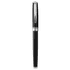 A sleek black metal rollerball pen with silver accents and a branding logo on the body.