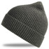 A grey ribbed beanie featuring a logo, designed with a pointed top for added style.