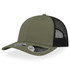 A green cap with a black mesh back, featuring a rounded visor and a branded tag on the side.