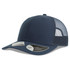 A navy trucker cap featuring a solid front panel and mesh back, with a branded logo on the side.