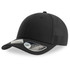 A black cap with a curved visor and a logo on the side, designed for headwear.