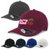A collection of caps in black, dark grey, maroon, royal blue, and white, featuring a logo on the maroon cap.