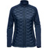 A women's thermal shell jacket in navy featuring quilted front panels and zippered side pockets. The jacket has a logo on it.