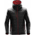 Men's Gravity Thermal Jacket in black with red accents, featuring a hood and multiple zippered pockets.