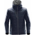 A navy puffer jacket with a hood, featuring zippered pockets and a logo on the chest.