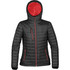 A black puffer jacket with a red interior and multiple zip pockets, featuring a hood and branding.