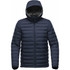 A navy thermal jacket featuring a hood, quilted design, and a zip front, with branding visible.
