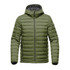 A men's thermal jacket in olive green with a hood and quilted design, featuring a logo on the front.