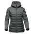 A women's thermal jacket in dark green with a hood, featuring a zip front and quilted design. It has a logo on the sleeve.