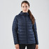 A fitted women's thermal jacket in navy, featuring horizontal stitching and a hood, with a branding logo.
