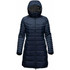 A navy women's parka jacket with a hood, featuring a quilted design and full-length zipper. It includes a branding logo.