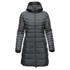 A women's parka jacket in dark grey, featuring a hood and quilted design, with a logo on the sleeve.